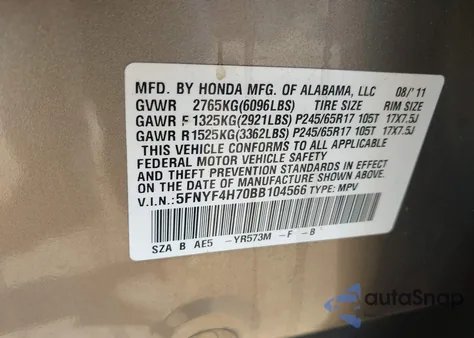 2011 Honda Pilot Ex-L from USA, damaged, VIN 5FNYF4H70BB104566
